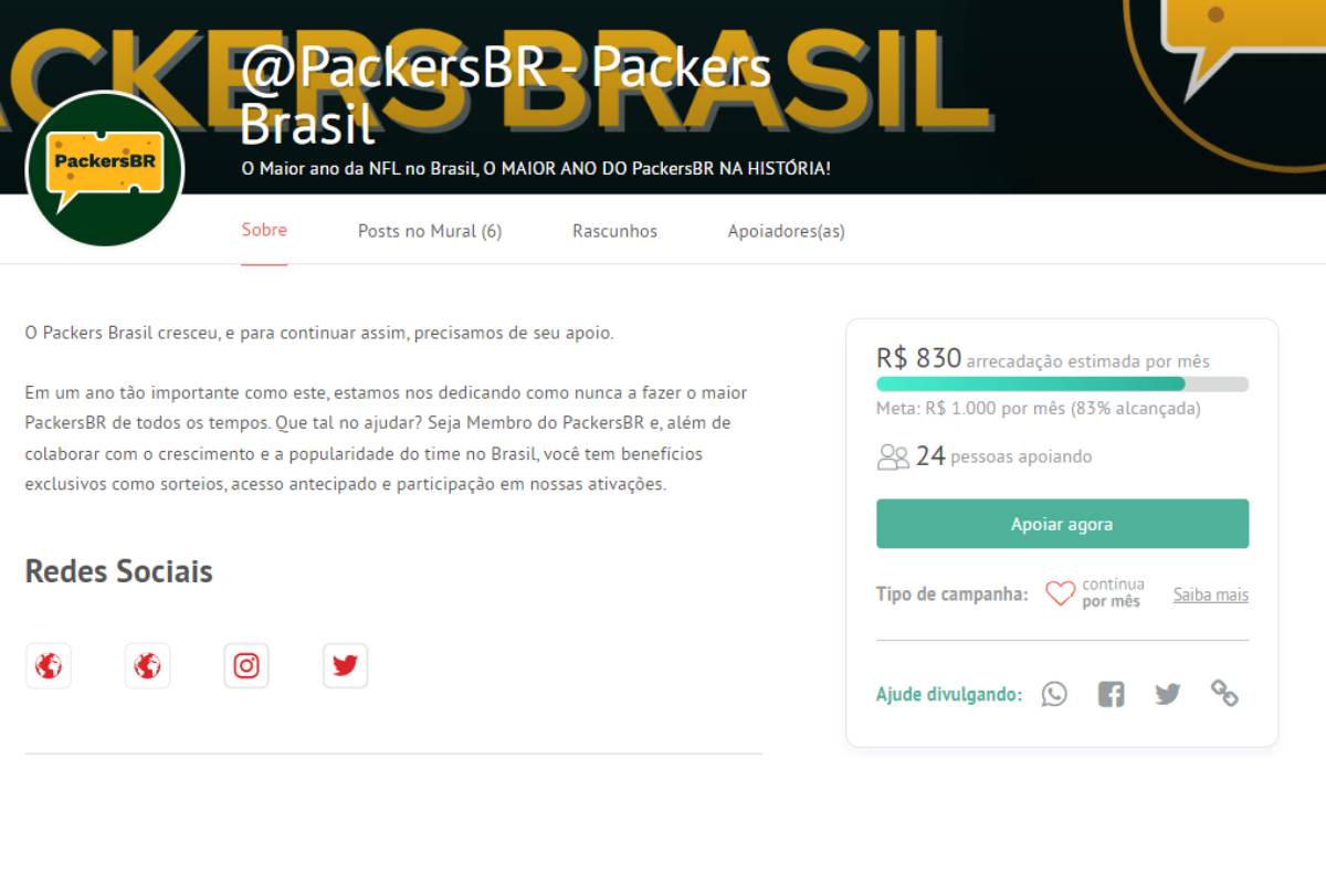 Ajude a manter o PackersBR, o maior perfil de Packers no Brasil!